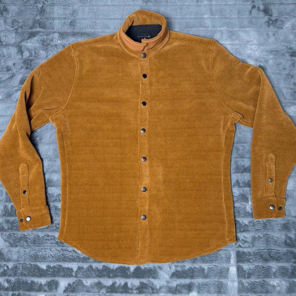 Kenneth Cole Active Mens Corduroy Snap Front Shirt Brown Mandarin Collar Medium
